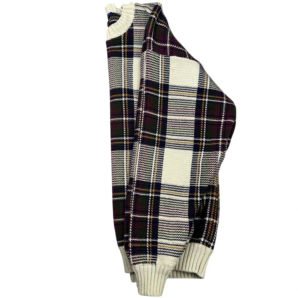VTG Tommy Hilfiger Plaid Crew Neck Chunky Sweater Cotton Mens‎ M Burgundy Navy